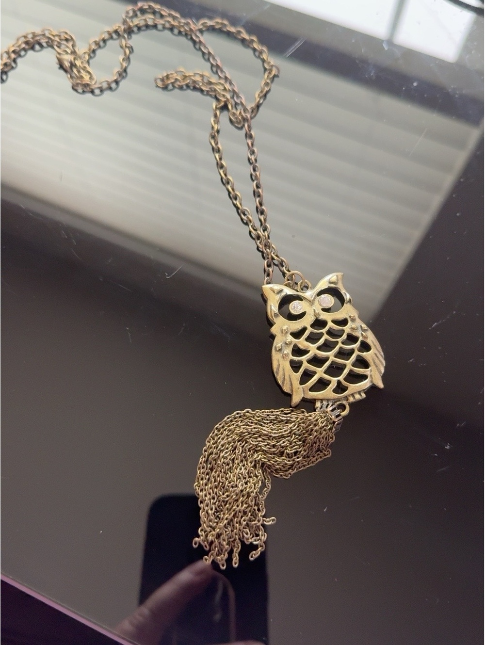 Vintage Style Owl Pendant Tassel Necklace Rhinestone Eyes Antique Gold Tone